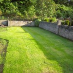 The lawn is completed using four batches and three different types of turf over a period of five weeks. This is only three weeks after completion and the different ares are hardly noticable already.s