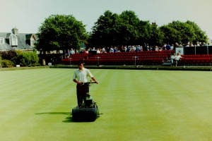 Mowing one of the Northfield greens between the morning and afternoon games in the Ladies World Championship