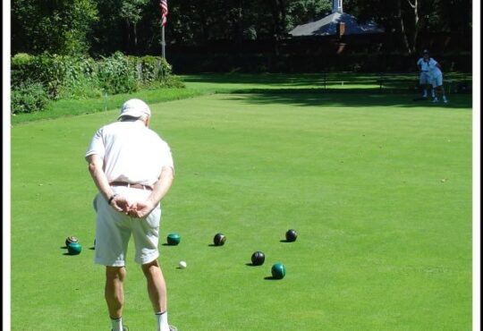 Bowler playing on a well-kept bowling green