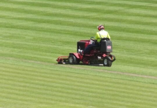 Professional groundsman mowing striped turf on a ride-on mower