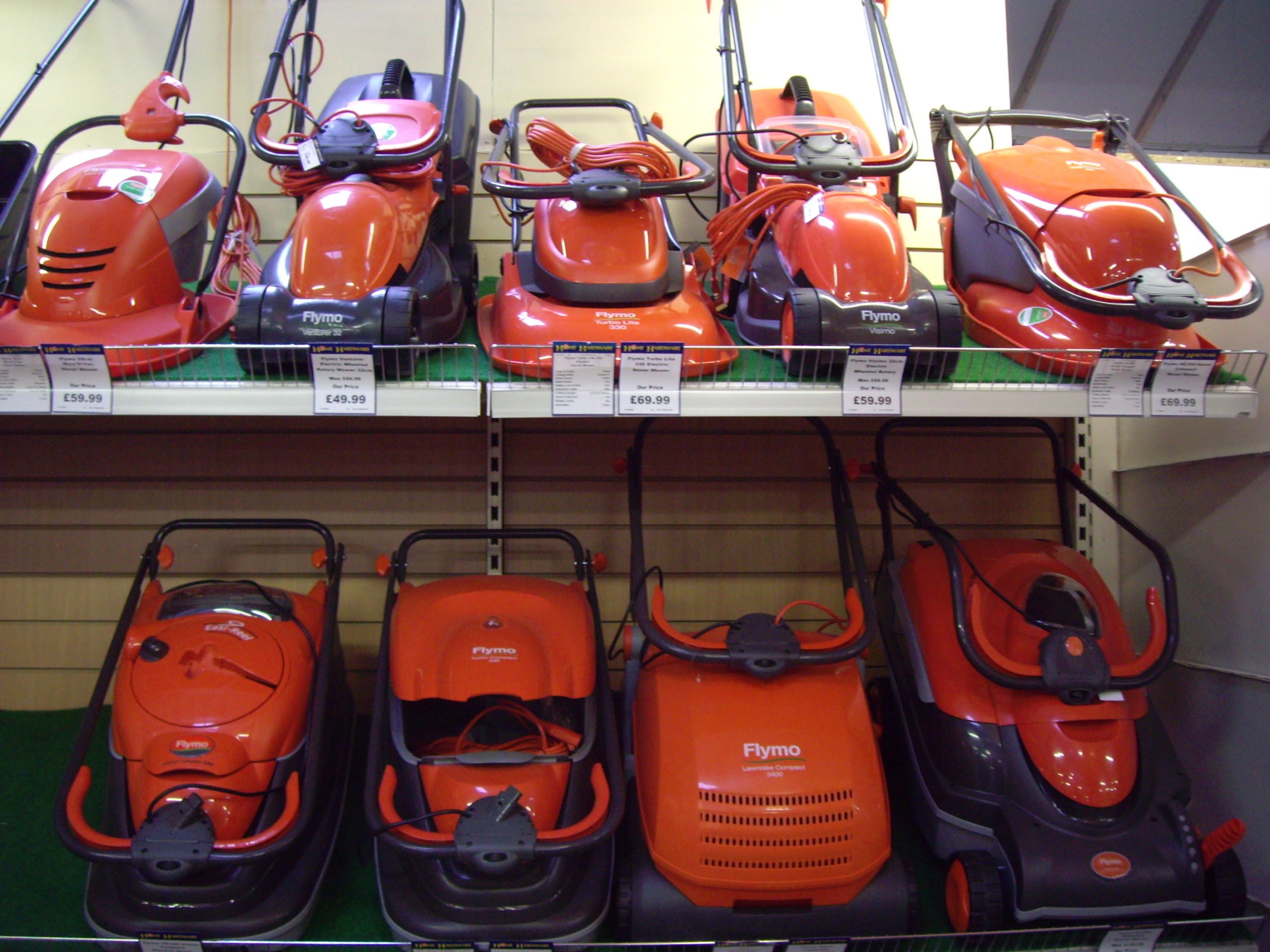 Rotary lawnmowers on display in a mower showroom