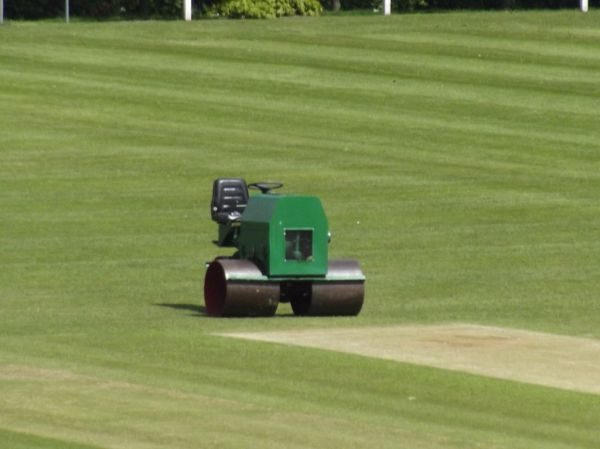 Turf roller on freshly striped fine turf